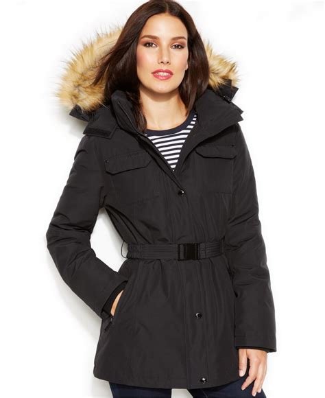 belted faux-fur trim hooded puffer coat michael kors|MICHAEL Michael Kors Women's Belted Faux.